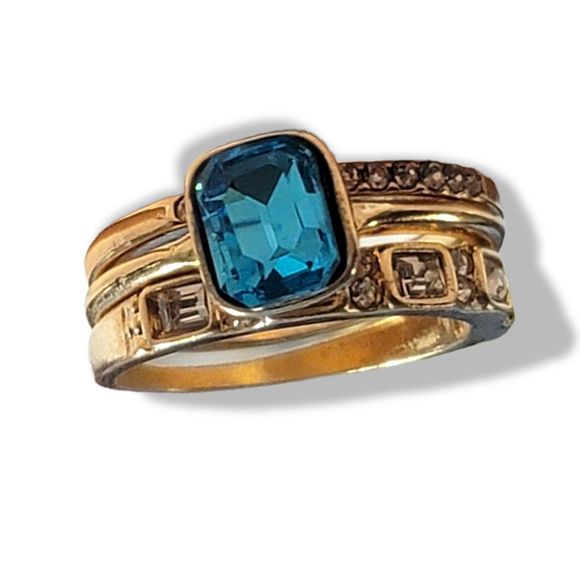 Goldtone Simulated London Blue Topaz Diamond Three Ring Set Size 8.5 - Picture 4 of 5